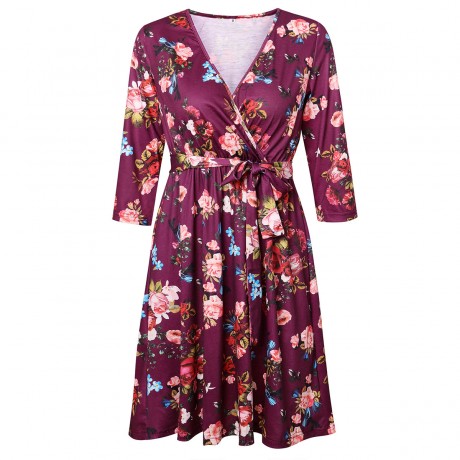 Women's Long Sleeve  Dress V-Neck Printed  A-Line Short Dress with Belt(S-XL)