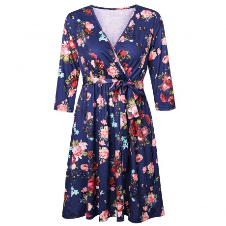 Women's Long Sleeve  Dress V-Neck Printed  A-Line Short Dress with Belt(S-XL)