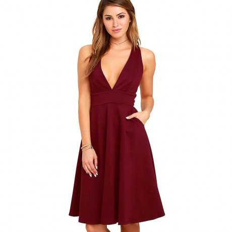 Women's Dress deep V Sleeveless Sexy Maxi Dress Waist Double Pockets Big Skirt(S-XL)