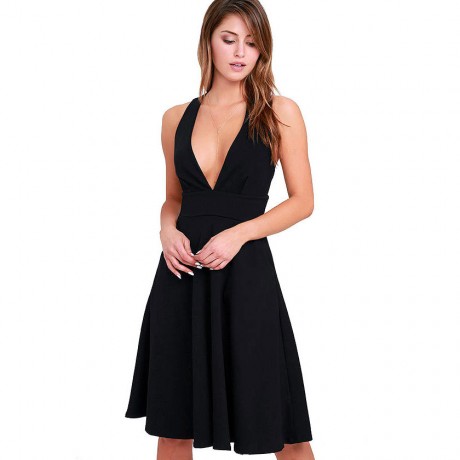 Women's Dress deep V Sleeveless Sexy Maxi Dress Waist Double Pockets Big Skirt(S-XL)