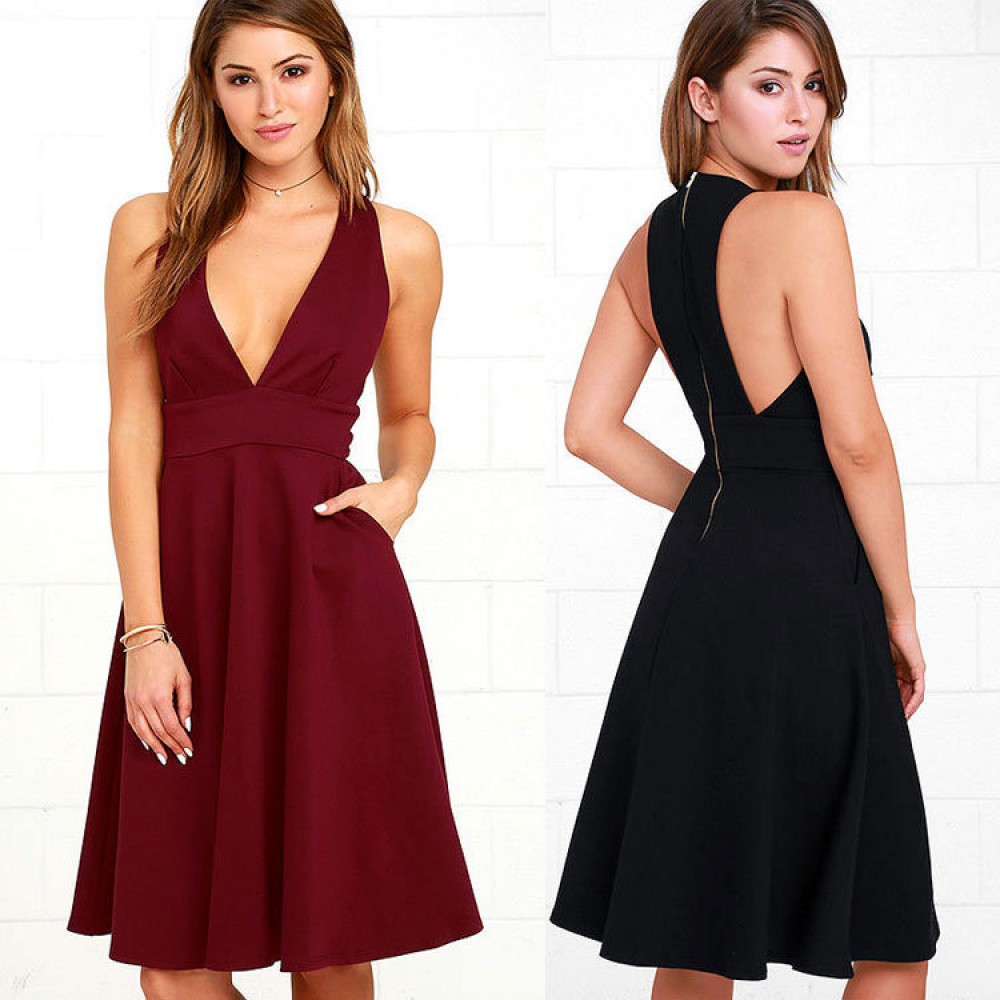 Women's Dress deep V Sleeveless Sexy Maxi Dress Waist Double Pockets Big Skirt(S-XL)