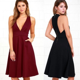 Women's Dress deep V Sleeveless Sexy Maxi Dress Waist Double Pockets Big Skirt(S-XL)
