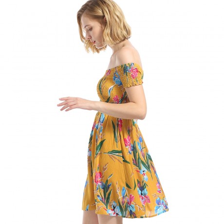 Women's Summer Dress Floral Print Off Shoulder A-Line Mini Dress(S-XL)