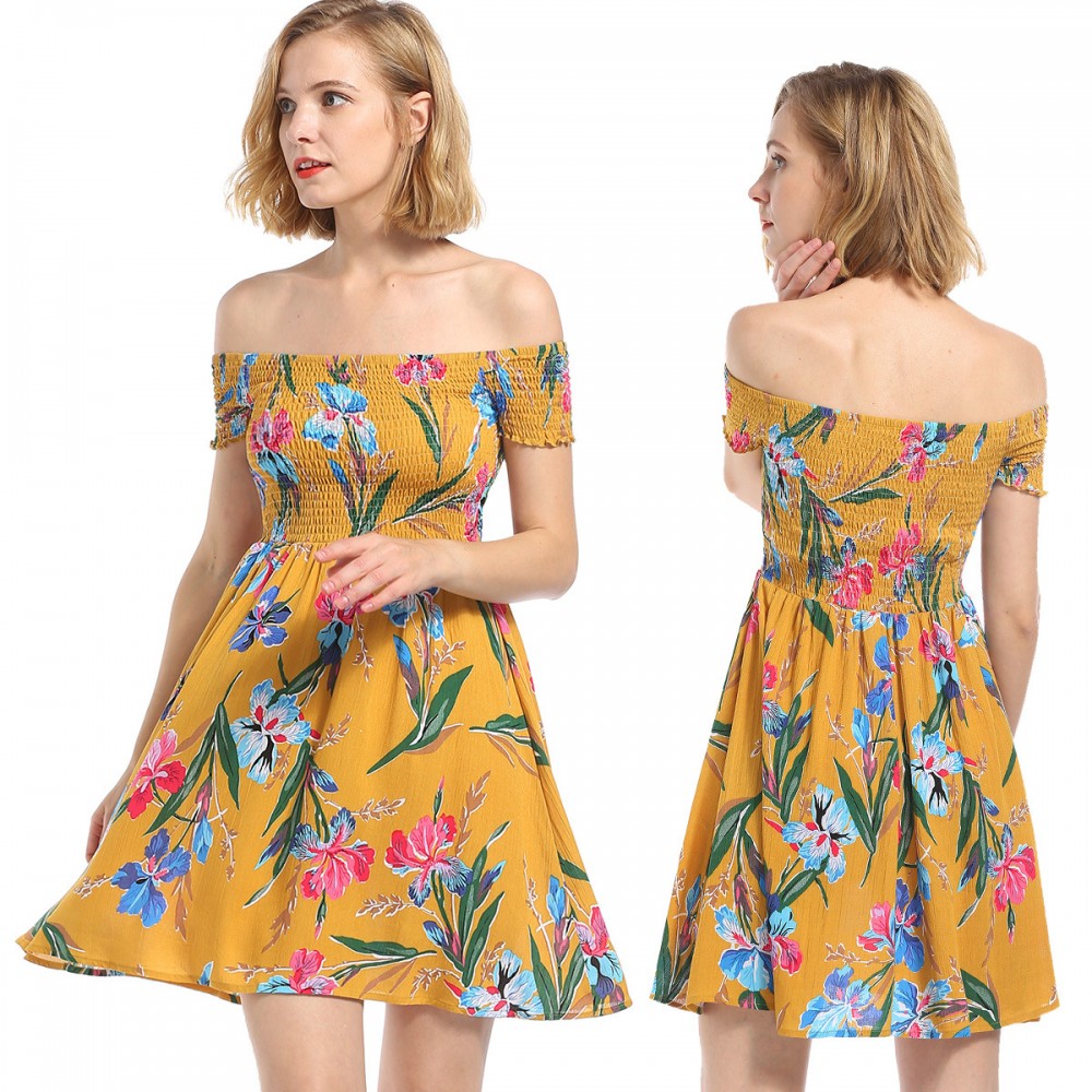 Women's Summer Dress Floral Print Off Shoulder A-Line Mini Dress(S-XL)