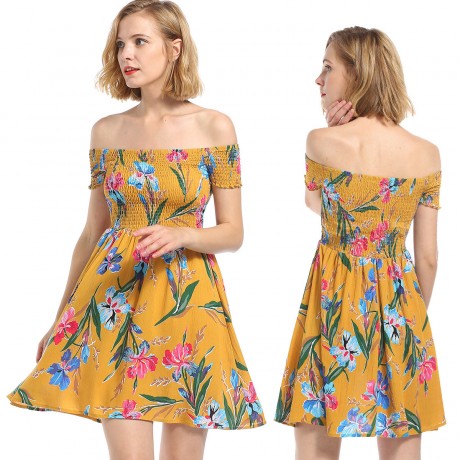 Women's Summer Dress Floral Print Off Shoulder A-Line Mini Dress(S-XL)