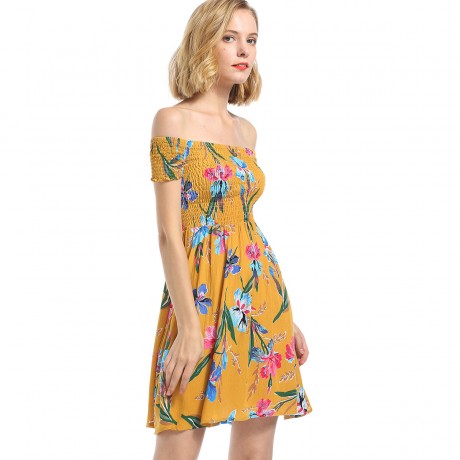 Women's Summer Dress Floral Print Off Shoulder A-Line Mini Dress(S-XL)