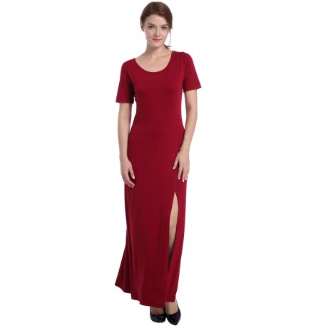 Womens Slit Tank Dresse Round Neck Slim Fall Long Solid Maxi Dresses(S-XL)