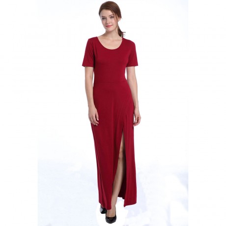 Womens Slit Tank Dresse Round Neck Slim Fall Long Solid Maxi Dresses(S-XL)