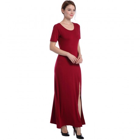 Womens Slit Tank Dresse Round Neck Slim Fall Long Solid Maxi Dresses(S-XL)