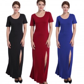 Womens Slit Tank Dresse Round Neck Slim Fall Long Solid Maxi Dresses(S-XL)