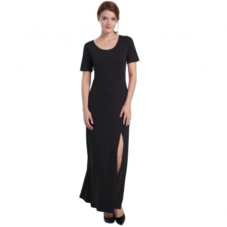 Womens Slit Tank Dresse Round Neck Slim Fall Long Solid Maxi Dresses(S-XL)