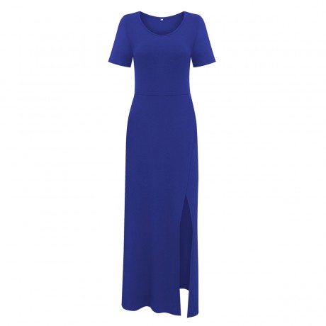 Womens Slit Tank Dresse Round Neck Slim Fall Long Solid Maxi Dresses(S-XL)