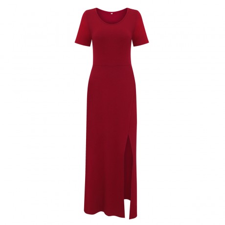 Womens Slit Tank Dresse Round Neck Slim Fall Long Solid Maxi Dresses(S-XL)