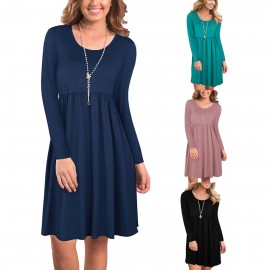 Womens Long Sleeve Loose Dress Round Neck Big Swing Casual Dresses(S-XL)