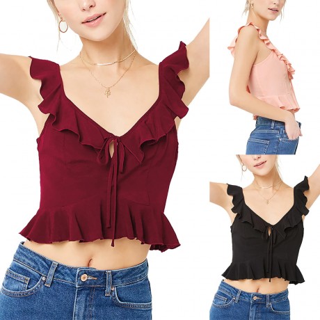 Women Summer t-shirt Solid Color Deep-V Sleeveless Vest Tops Shirts Blouse(S-XL)