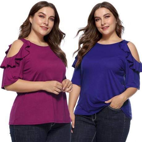 Women Plus Size Blouse Round Neck Ruffled off Shoulder Casual Loose  Stitching  Tunic Tops Blouse(XL-XXXXL)