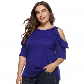 Women Plus Size Blouse Round Neck Ruffled off Shoulder Casual Loose  Stitching  Tunic Tops Blouse(XL-XXXXL) 
