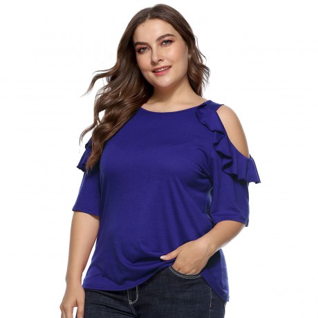 Women Plus Size Blouse Round Neck Ruffled off Shoulder Casual Loose  Stitching  Tunic Tops Blouse(XL-XXXXL)