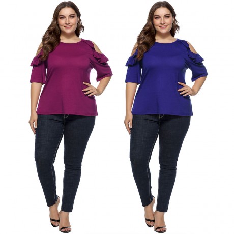 Women Plus Size Blouse Round Neck Ruffled off Shoulder Casual Loose  Stitching  Tunic Tops Blouse(XL-XXXXL)