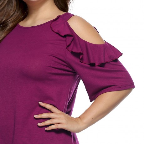 Women Plus Size Blouse Round Neck Ruffled off Shoulder Casual Loose  Stitching  Tunic Tops Blouse(XL-XXXXL)