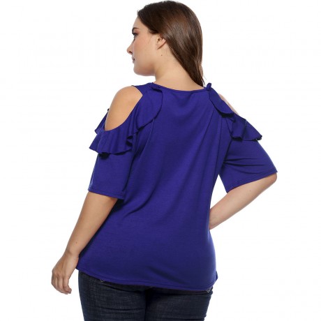 Women Plus Size Blouse Round Neck Ruffled off Shoulder Casual Loose  Stitching  Tunic Tops Blouse(XL-XXXXL)
