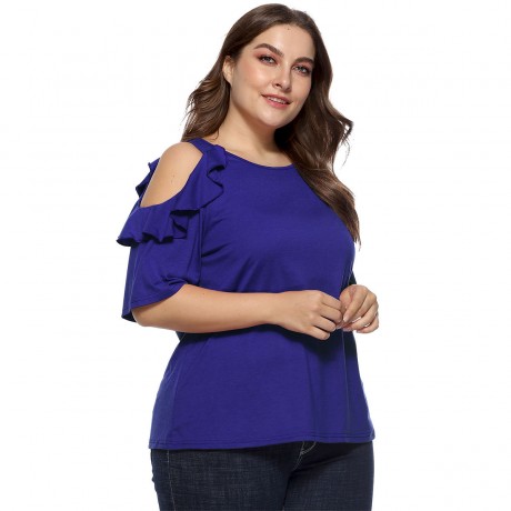 Women Plus Size Blouse Round Neck Ruffled off Shoulder Casual Loose  Stitching  Tunic Tops Blouse(XL-XXXXL)