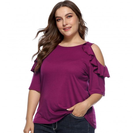 Women Plus Size Blouse Round Neck Ruffled off Shoulder Casual Loose  Stitching  Tunic Tops Blouse(XL-XXXXL)