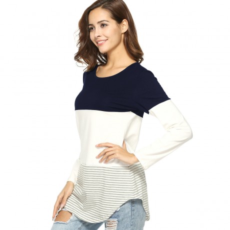 Women's Shirts Long Sleeve T Shirt Round Neck Striped Color Block Casual Blouse Tees(S-XXL)