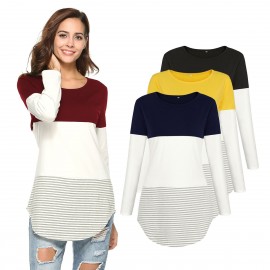 Women's Shirts Long Sleeve T Shirt Round Neck Striped Color Block Casual Blouse Tees(S-XXL) 