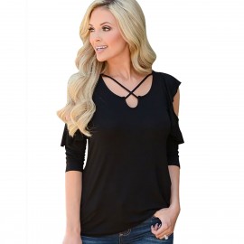 Women Cold Shoulder Short Sleeve T-Shirts Tops Casual Criss Cross Shirts(S-XL) 
