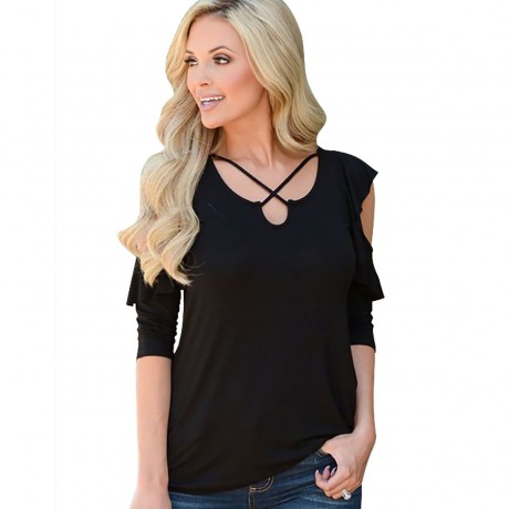 Women Cold Shoulder Short Sleeve T-Shirts Tops Casual Criss Cross Shirts(S-XL)