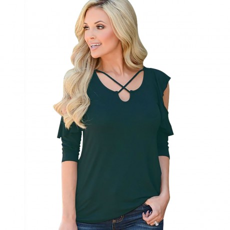 Women Cold Shoulder Short Sleeve T-Shirts Tops Casual Criss Cross Shirts(S-XL)