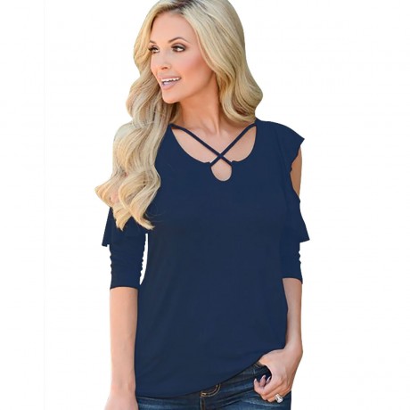 Women Cold Shoulder Short Sleeve T-Shirts Tops Casual Criss Cross Shirts(S-XL)