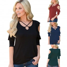 Women Cold Shoulder Short Sleeve T-Shirts Tops Casual Criss Cross Shirts(S-XL)