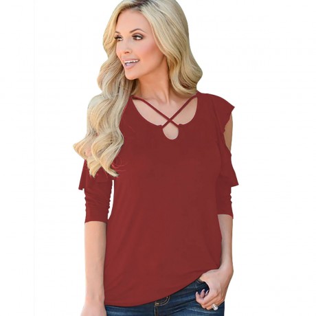 Women Cold Shoulder Short Sleeve T-Shirts Tops Casual Criss Cross Shirts(S-XL)
