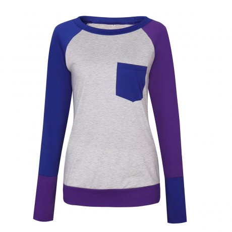 Women Long Sleeve Contrast Color T-Shirts Casual Loose Blouse Tops With Pocket（S-XL）