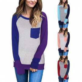 Women Long Sleeve Contrast Color T-Shirts Casual Loose Blouse Tops With Pocket（S-XL）