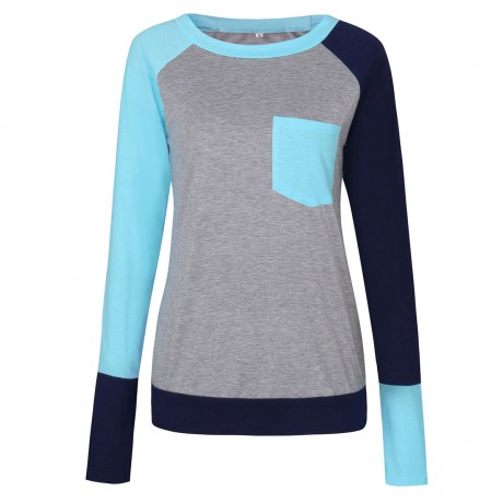 Women Long Sleeve Contrast Color T-Shirts Casual Loose Blouse Tops With Pocket（S-XL）