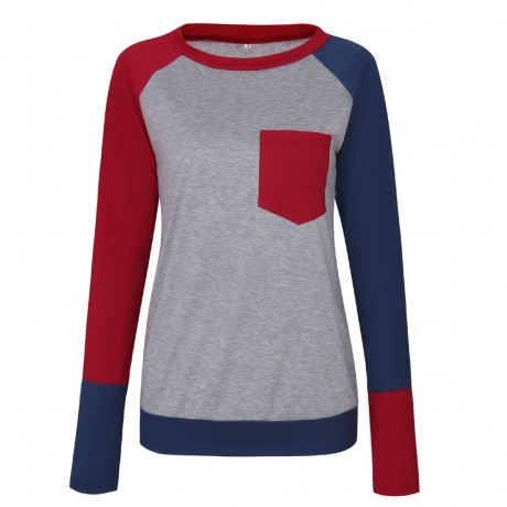 Women Long Sleeve Contrast Color T-Shirts Casual Loose Blouse Tops With Pocket（S-XL）