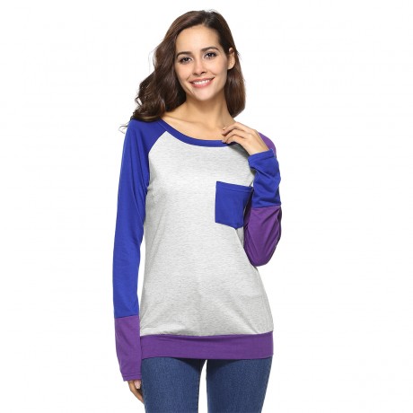 Women Long Sleeve Contrast Color T-Shirts Casual Loose Blouse Tops With Pocket（S-XL）