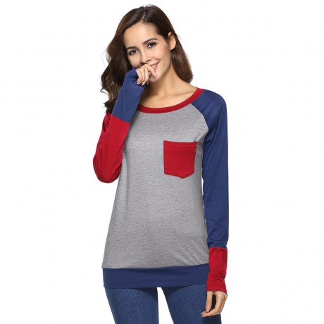 Women Long Sleeve Contrast Color T-Shirts Casual Loose Blouse Tops With Pocket（S-XL）