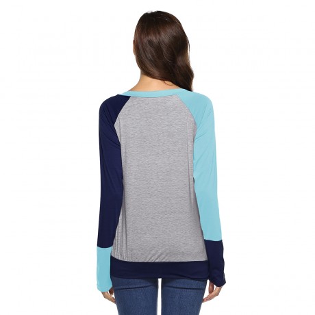 Women Long Sleeve Contrast Color T-Shirts Casual Loose Blouse Tops With Pocket（S-XL）
