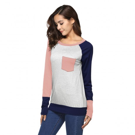 Women Long Sleeve Contrast Color T-Shirts Casual Loose Blouse Tops With Pocket（S-XL）