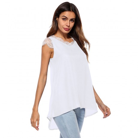 Women Casual Chiffon Sleeveless Tank Shirt Blouse Top women's V-neck lace-paneled Vest Top(S-XL)
