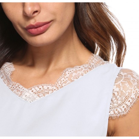 Women Casual Chiffon Sleeveless Tank Shirt Blouse Top women's V-neck lace-paneled Vest Top(S-XL)