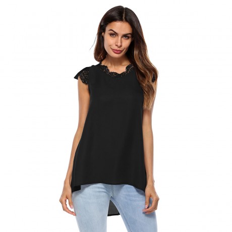 Women Casual Chiffon Sleeveless Tank Shirt Blouse Top women's V-neck lace-paneled Vest Top(S-XL)