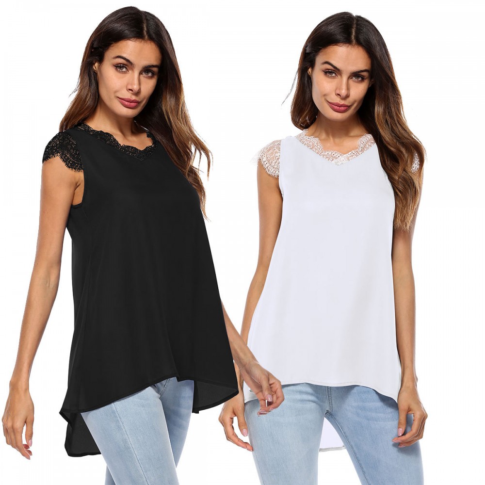 Women Casual Chiffon Sleeveless Tank Shirt Blouse Top women's V-neck lace-paneled Vest Top(S-XL)