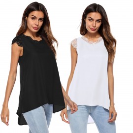 Women Casual Chiffon Sleeveless Tank Shirt Blouse Top women's V-neck lace-paneled Vest Top(S-XL)