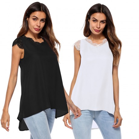 Women Casual Chiffon Sleeveless Tank Shirt Blouse Top women's V-neck lace-paneled Vest Top(S-XL)