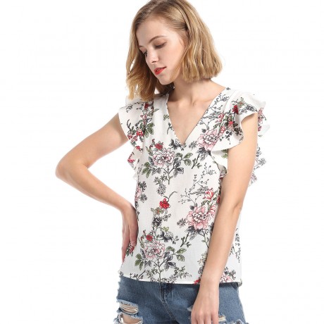 Women's Short Sleeve Chiffon Loose Flowers Printed Slim Shirt Tops(S-XL)